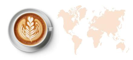caffè piatto posare con mondo carta geografica silhouette, caffè giorno concetto ai generato foto