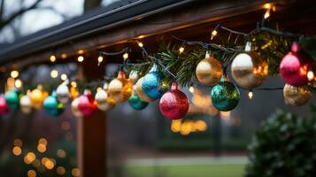 colorato ornamenti e luci su sempreverde albero nel all'aperto ambientazione foto