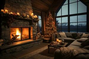accogliente vivente camera con Natale albero, calze autoreggenti, e fuoco scoppiettante foto