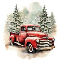 Vintage ▾ rosso camion con Natale albero nel nevoso paesaggio foto