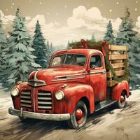rustico di legno cartello con allegro Natale e rosso camion illustrazione foto