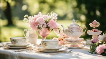 d'ispirazione vintage tè festa con delicato Cina e floreale centrotavola foto