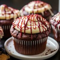 rosso velluto cupcakes con crema formaggio glassa e cioccolato pioggerella foto