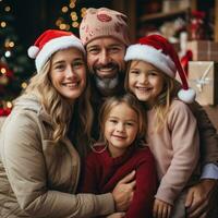 contento famiglia nel Santa cappelli con i regali e decorazioni foto