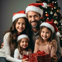 contento famiglia nel Santa cappelli con i regali e decorazioni foto