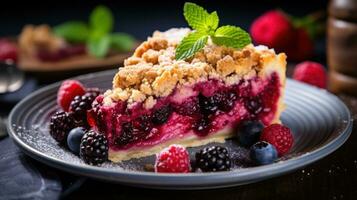 misto bacca torta con streusel guarnizione, un' colorato e fruttato dolce foto