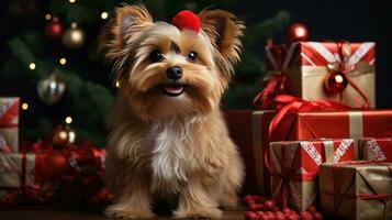 adorabile animali domestici nel festivo abiti con Natale regali foto