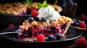 misto bacca torta con streusel guarnizione, un' colorato e fruttato dolce foto