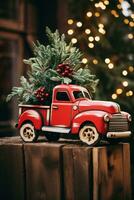 rustico di legno cartello con allegro Natale e rosso camion illustrazione foto