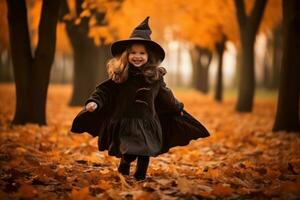 poco ragazza nel strega costume giocando nel autunno parco ai generato foto