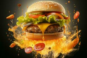 un' hamburger sfidando gravità, con stuzzicante condimenti assunzione volo ai generato foto