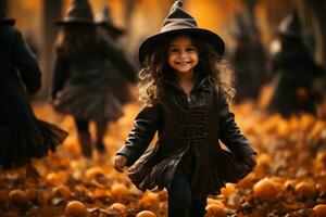 poco ragazza nel strega costume giocando nel autunno parco ai generato foto