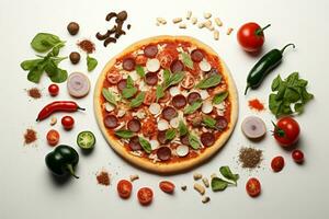 un' minimalista Visualizza di gustoso Pizza ingredienti, croccante isolato su bianca ai generato foto