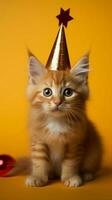 arancia sfondo, adorabile felino con compleanno cappello ai generato foto