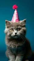 gatto con compleanno cappello, gattino compleanno, isolato su blu sfondo ai generato foto