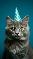 felice felino, gatto con compleanno cappello e blu fondale ai generato foto