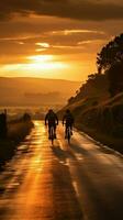 equitazione in il tramonto, indietro Visualizza di ciclisti su un' panoramico strada verticale mobile sfondo ai generato foto