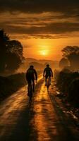 il brivido di il giro, ciclisti su un' tramonto strada - indietro Visualizza verticale mobile sfondo ai generato foto