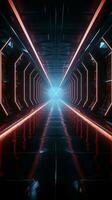buio futuristico tunnel con raggiante neon lampade e riflessi verticale mobile sfondo ai generato foto