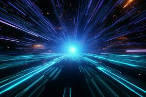 hyperjump attraverso un' futuristico spazio tunnel con blu neon accelerazione ai generato foto
