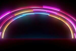 vivace neon colori convergere nel un' 3d semicerchio su nero ai generato foto