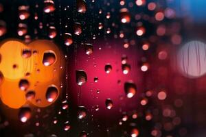 colorato gocce di pioggia su un' finestra, notti sfocato luce, astratto fondale ai generato foto