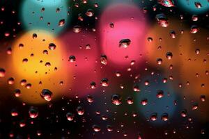 colorato notte luci al di fuori il finestra, gocce di pioggia Inserisci un' splendore ai generato foto