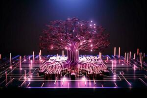 buio sfondo con 3d circuito albero nel rosa e viola ai generato foto