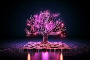buio sfondo con 3d circuito albero nel rosa e viola ai generato foto