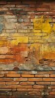 vecchio e Esposto alle intemperie grungy giallo e rosso mattone parete come senza soluzione di continuità modello struttura sfondo verticale mobile sfondo ai generato foto
