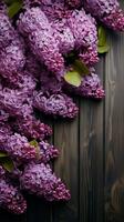 viola fiori di lilla adornare un' di legno tavola, della natura abilità artistica verticale mobile sfondo ai generato foto