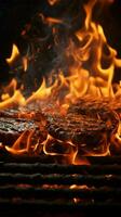 frizzante fiamme, ardente griglia pronto per alcuni acquolina in bocca barbecue azione verticale mobile sfondo ai generato foto