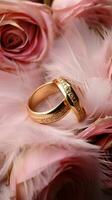 nozze sfondo con oro anelli, eustoma rosa fiore e leggero rosa piuma verticale mobile sfondo ai generato foto