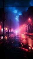 buio strada avvolto nel neon riflessi, faro trave, e fumoso nebbia verticale mobile sfondo ai generato foto