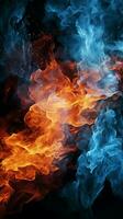 dinamico fuoco e ghiaccio elementi miscela contro un' nero sfondo verticale mobile sfondo ai generato foto