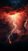 misterioso fondale di buio rosso tempesta nuvole e travolgente fulmine verticale mobile sfondo ai generato foto