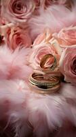 elegante nozze dacor con oro anelli, eustoma Rose, e leggero rosa piume verticale mobile sfondo ai generato foto