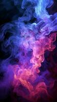 illuminato pieno di fumo buio con travolgente viola e blu proiettori verticale mobile sfondo ai generato foto