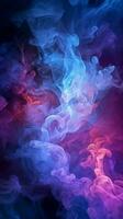 illuminato pieno di fumo buio con travolgente viola e blu proiettori verticale mobile sfondo ai generato foto