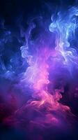 illuminato pieno di fumo buio con travolgente viola e blu proiettori verticale mobile sfondo ai generato foto