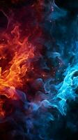 intenso rosso e blu fuoco si illumina il nero sfondo verticale mobile sfondo ai generato foto