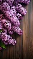 lilla fiori mazzo su di legno tavola sfondo, primavera viola fioritura grappolo, ramo al di sopra di legna struttura verticale mobile sfondo ai generato foto