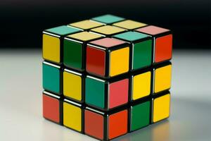 vivace 3x3 rubik cubo vetrine giallo, arancia, e verde tonalità ai generato foto