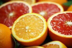 vivace agrume fette vicino su cattura il succoso fascino di arance e Pompelmi ai generato foto