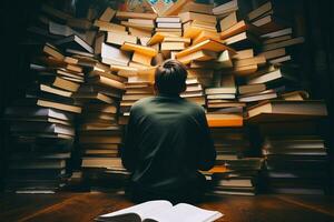 un' silhouette nascosto di libri, immersa nel il mondo di parole ai generato foto
