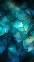 astratto triangoli nel armonioso tonalità in profondità blu, verde, bianca, e vivido ciano verticale mobile sfondo ai generato foto