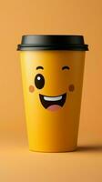 adorabile caffè tazza personaggio su giallo sfondo, sportivo un' sorriso copia amichevole atmosfera verticale mobile sfondo ai generato foto