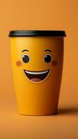 adorabile caffè tazza personaggio su giallo sfondo, sportivo un' sorriso copia amichevole atmosfera verticale mobile sfondo ai generato foto