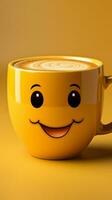 adorabile caffè tazza personaggio su giallo sfondo, sportivo un' sorriso copia amichevole atmosfera verticale mobile sfondo ai generato foto