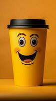 adorabile caffè tazza personaggio su giallo sfondo, sportivo un' sorriso copia amichevole atmosfera verticale mobile sfondo ai generato foto